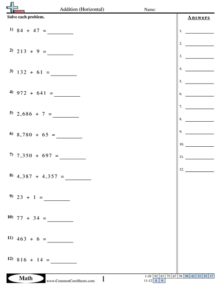 Addition (Horizontal) Worksheet - Addition (Horizontal) worksheet
